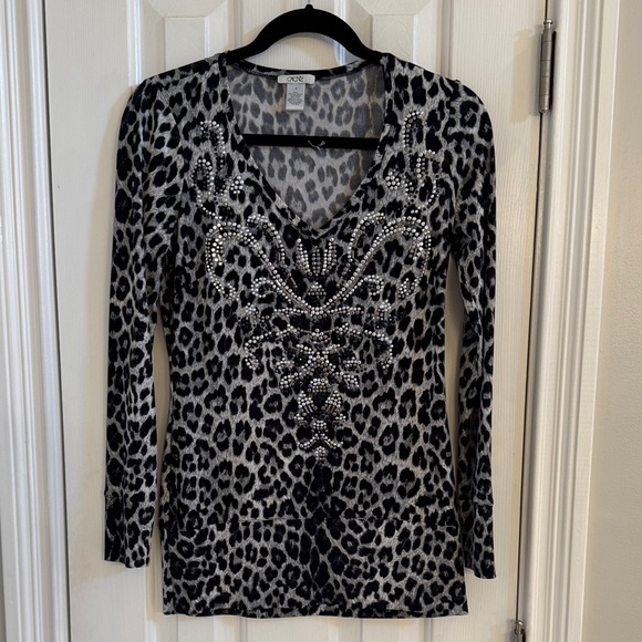 Cache Tops - Caché Vintage Gray & Black Leopard Embellished Top